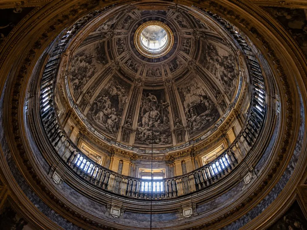 The painted inner dome of St Paul’s Cathedral seen from the floor